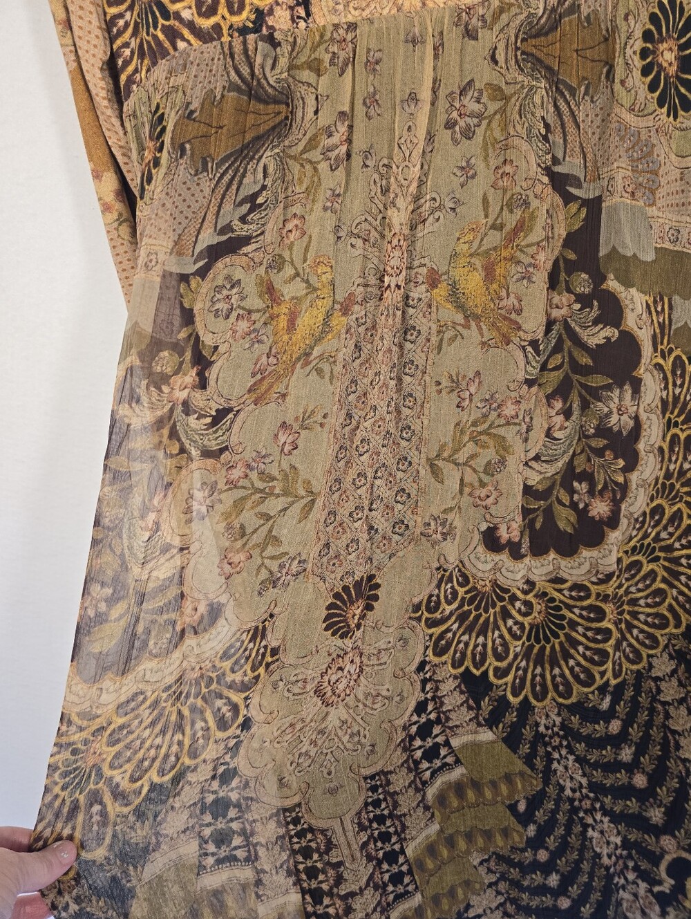 Soft Surrounding Fall Stretchy Gold Olive Baroque Lined Maxi Dress. Ladies 8 - Picture 9 of 15